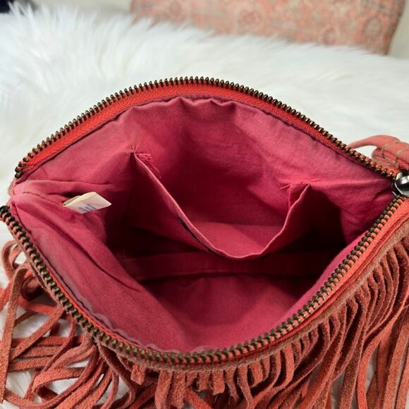 Fringed Coral Suede Wristlet Pouch Purse Western American Eagle AEO Hippie - Picture 5 of 10